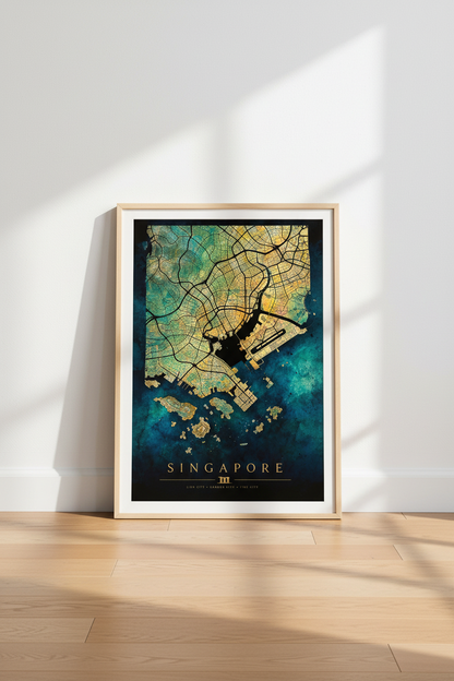 Singapore Map Wall Art | Teal and Gold Abstract City Poster, Office Decor