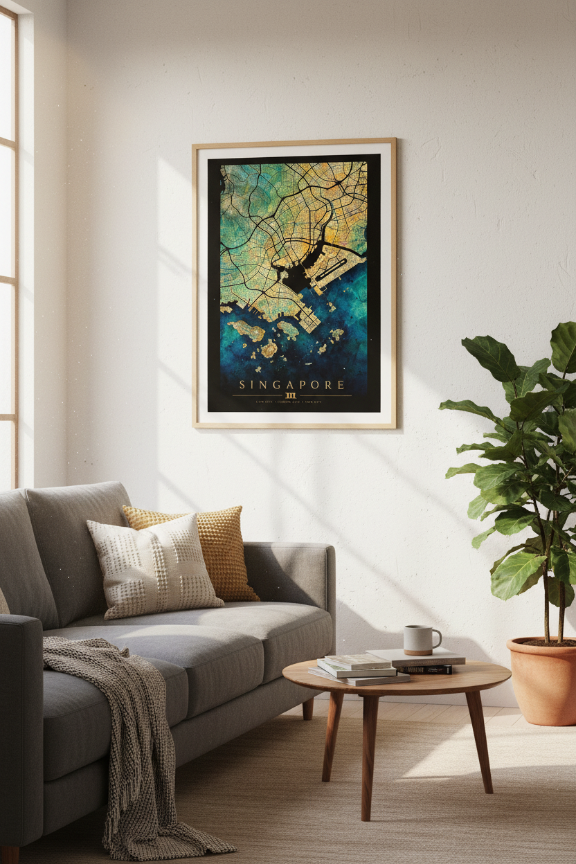Singapore Map Wall Art | Teal and Gold Abstract City Poster, Office Decor