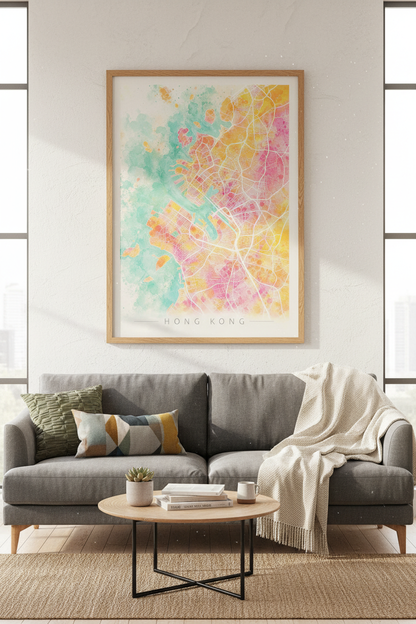Hong Kong City Map | Watercolor Pink Teal Wall Art, Modern Travel Poster