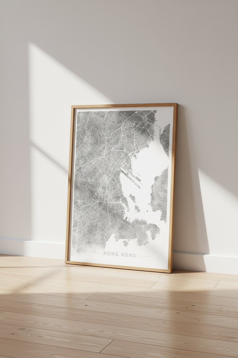 Hong Kong City Map Art | Minimalist Grey Stone Poster, Modern Home Office Decor