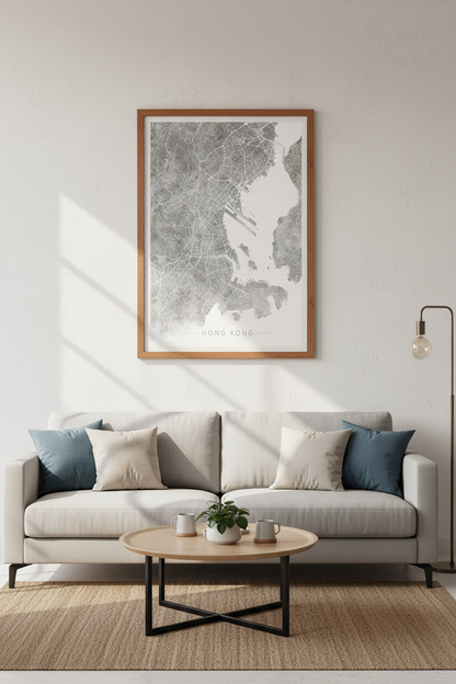 Hong Kong City Map Art | Minimalist Grey Stone Poster, Modern Home Office Decor