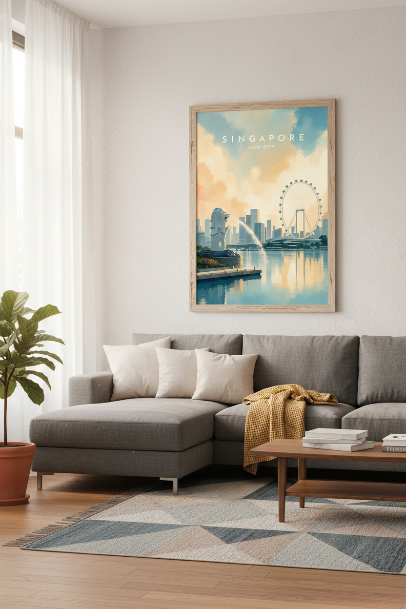 Singapore Merlion Wall Art | Vintage Travel Poster, Living Room Decor