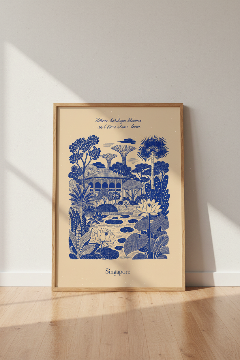 Singapore wall art | Navy ink, living room decor