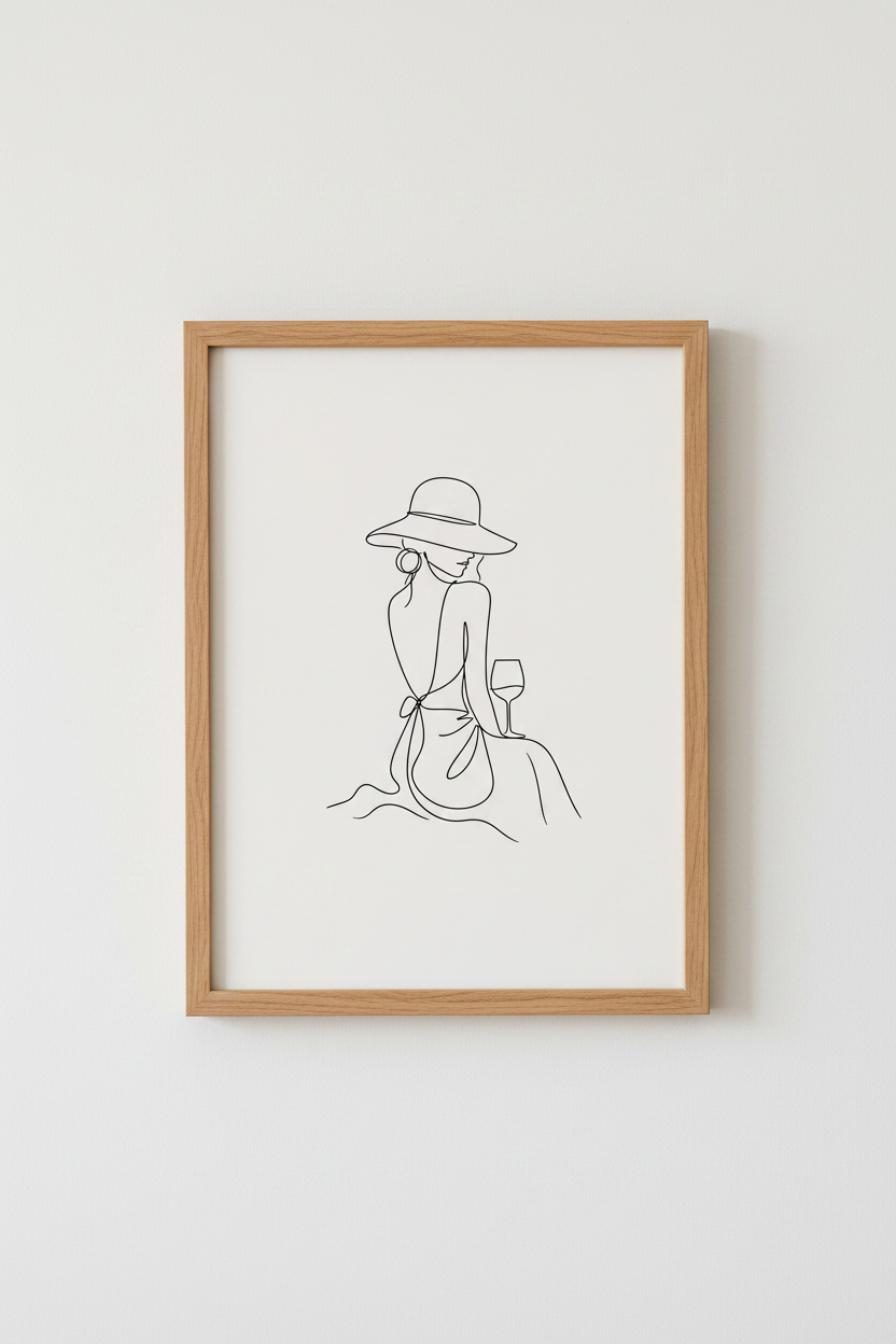 Minimalist Woman with Wine Line Art Print | Chic Kitchen Decor | French Aesthetic Poster