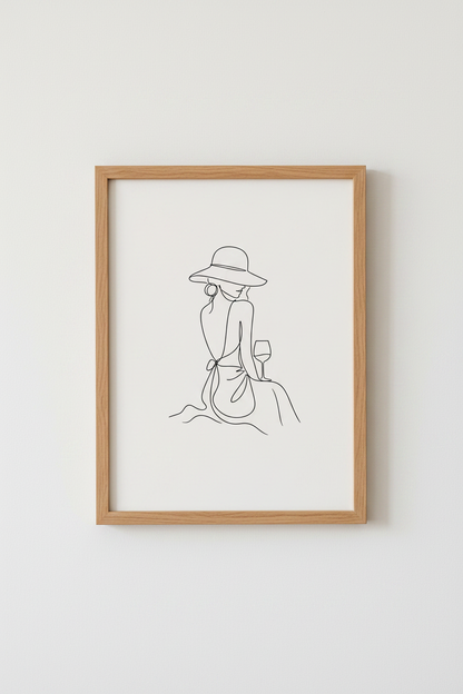 Minimalist Woman with Wine Line Art Print | Chic Kitchen Decor | French Aesthetic Poster