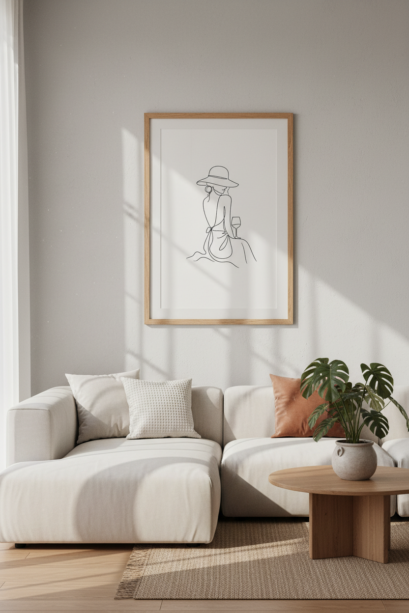 Minimalist Woman with Wine Line Art Print | Chic Kitchen Decor | French Aesthetic Poster