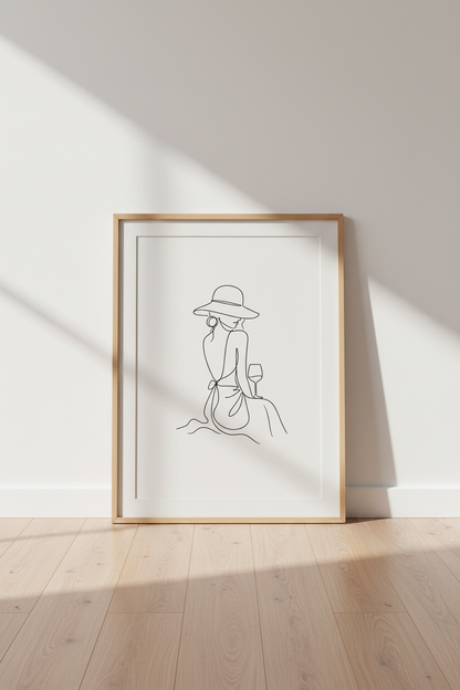 Minimalist Woman with Wine Line Art Print | Chic Kitchen Decor | French Aesthetic Poster