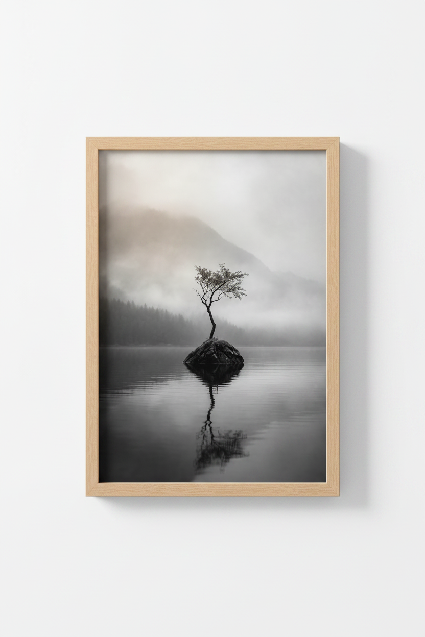 Zen Nature Wall Art Print | Black and White Misty Lake Poster | Minimalist Decor