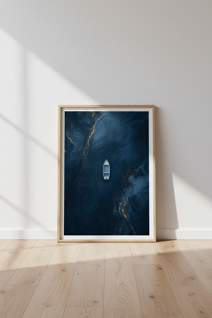 Lone Boat on Navy Ocean | Gold Marble Abstract Water Print, Modern Coastal Decor