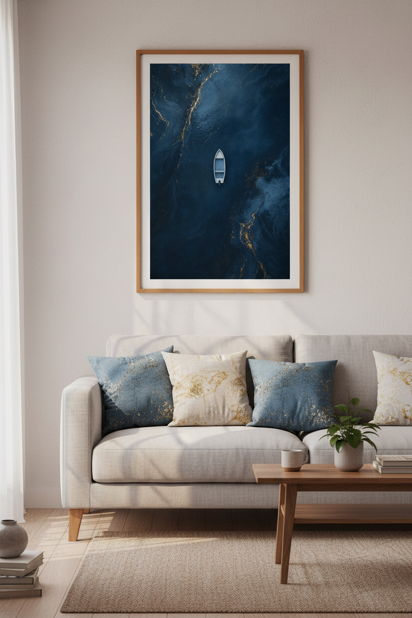 Lone Boat on Navy Ocean | Gold Marble Abstract Water Print, Modern Coastal Decor