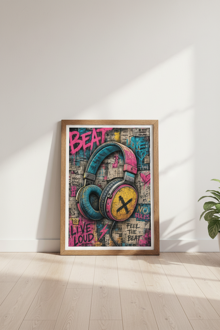 Graffiti Headphones Wall Art | Urban Street Art Poster, Music Room Decor