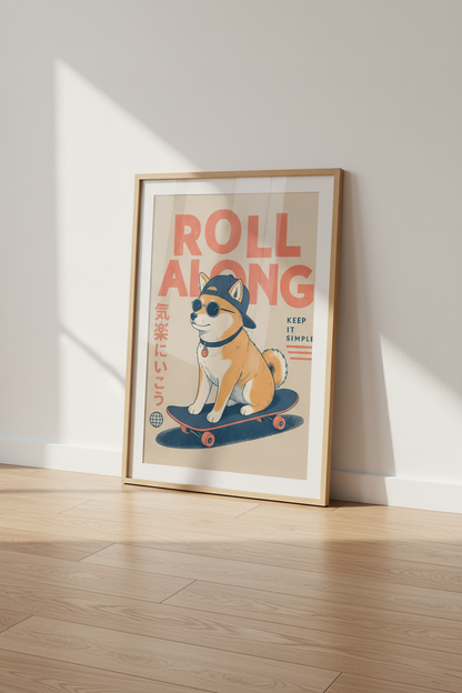 Shiba Inu Skateboard Art | Retro Japanese Style, Streetwear Decor Poster