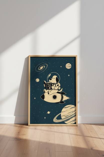 Astronaut Dog Space Wall Art | Navy &amp; Cream Mid-Century Poster, Nursery Decor