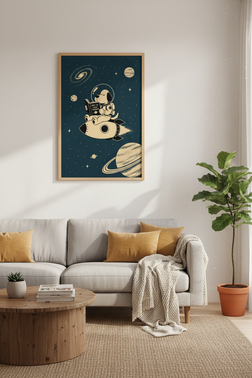 Astronaut Dog Space Wall Art | Navy &amp; Cream Mid-Century Poster, Nursery Decor