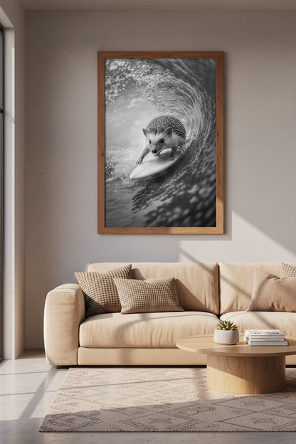 Surfing Hedgehog Wall Art | Black and White Animal Poster | Coastal Nursery Decor