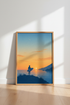 Surfer Sunset Wall Art | Blue and Orange Minimalist Coastal Poster, Bedroom Decor