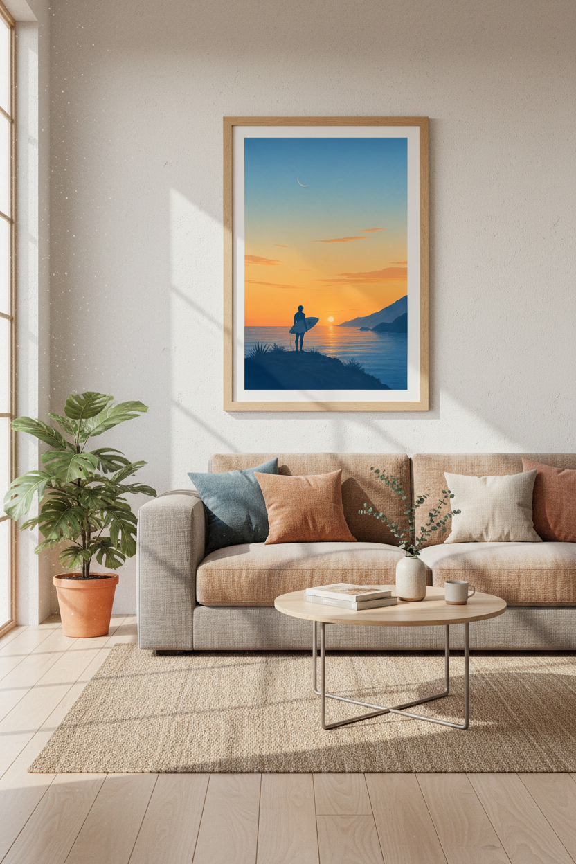 Surfer Sunset Wall Art | Blue and Orange Minimalist Coastal Poster, Bedroom Decor