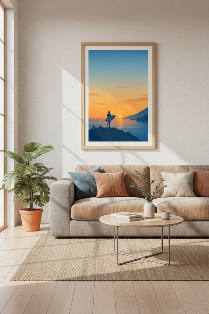 Surfer Sunset Wall Art | Blue and Orange Minimalist Coastal Poster, Bedroom Decor