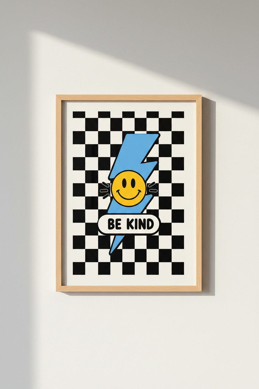 Retro Smiley Face Be Kind Wall Art | Checkered Lightning Poster, Preppy Dorm Decor