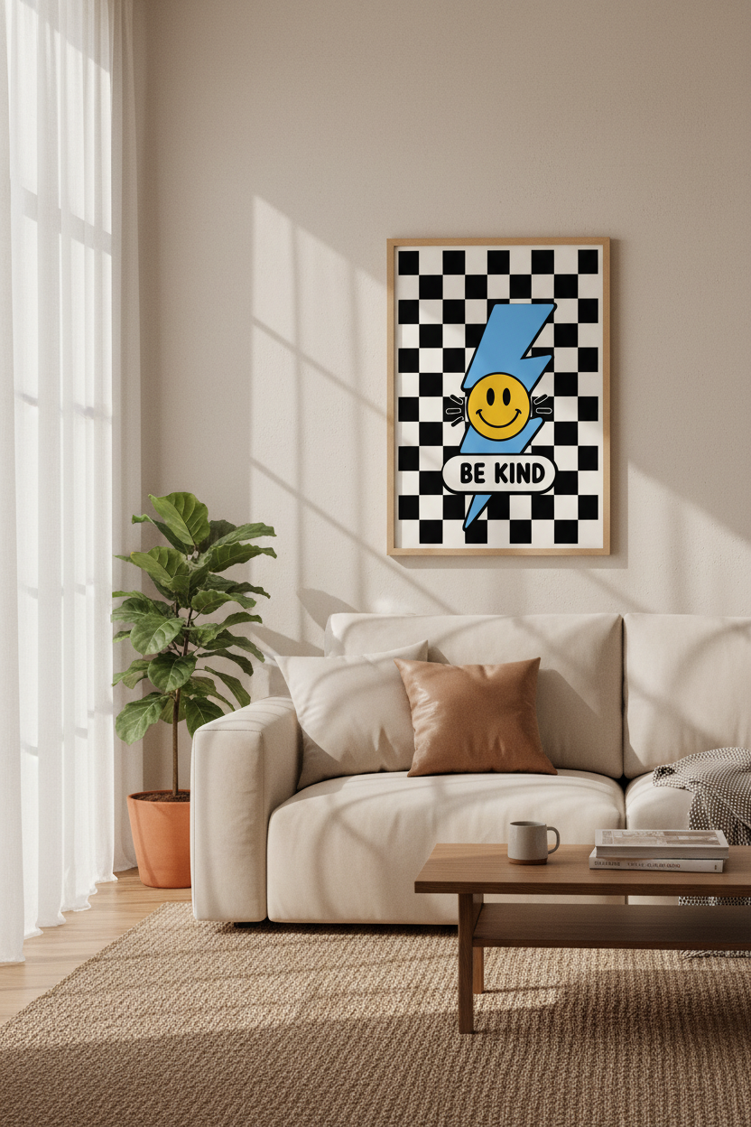 Retro Smiley Face Be Kind Wall Art | Checkered Lightning Poster, Preppy Dorm Decor