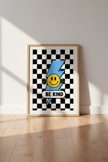 Retro Smiley Face Be Kind Wall Art | Checkered Lightning Poster, Preppy Dorm Decor