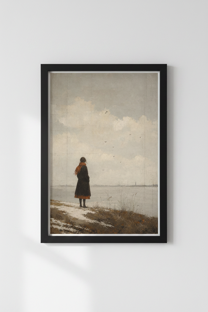 Woman by the Sea Wall Art | Moody Landscape Oil Painting | Vintage Winter Poster