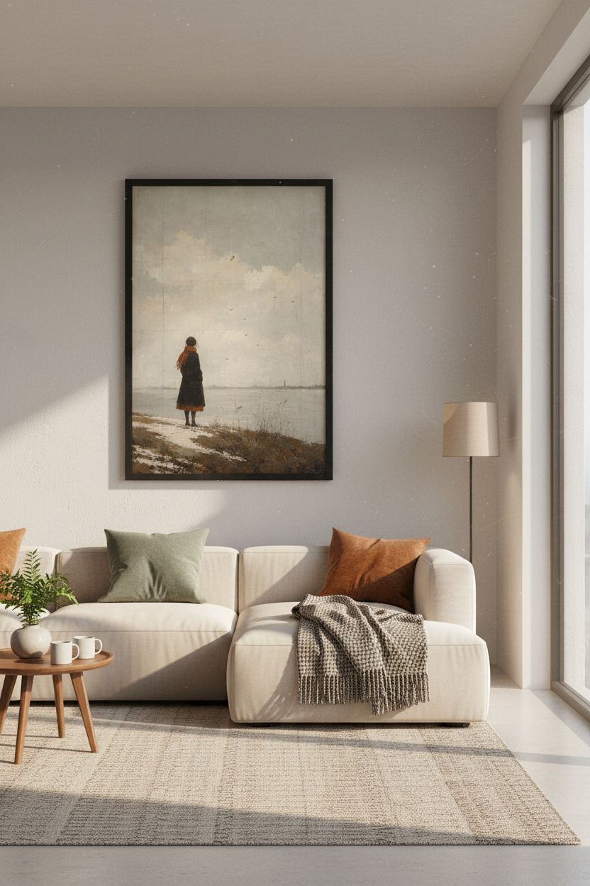 Woman by the Sea Wall Art | Moody Landscape Oil Painting | Vintage Winter Poster