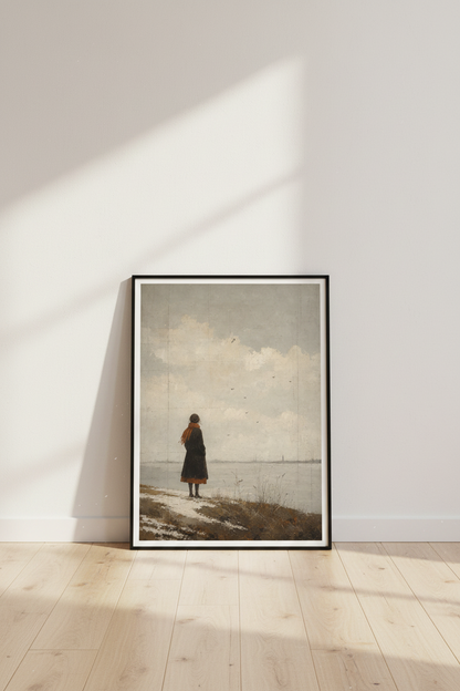 Woman by the Sea Wall Art | Moody Landscape Oil Painting | Vintage Winter Poster