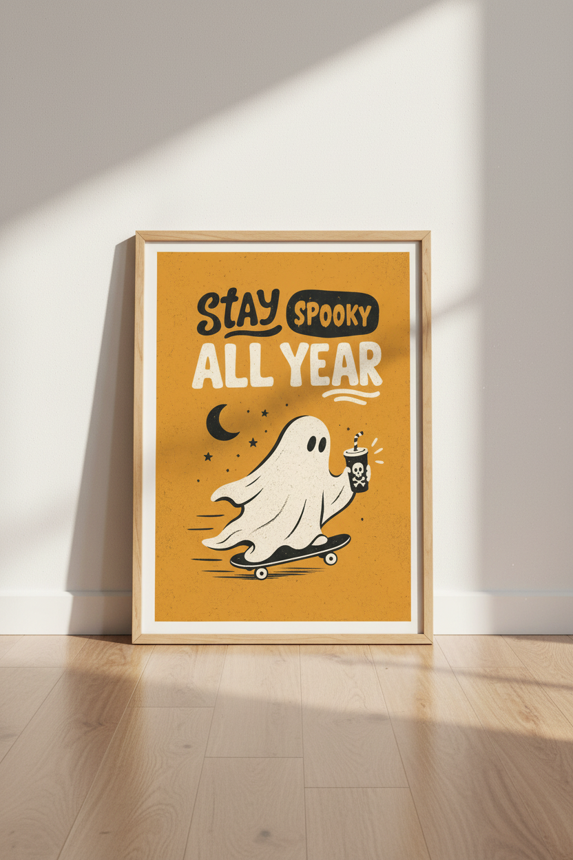 Stay Spooky Ghost Art | Retro Skateboard Print, Orange Halloween Wall Decor