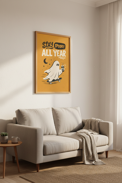 Stay Spooky Ghost Art | Retro Skateboard Print, Orange Halloween Wall Decor