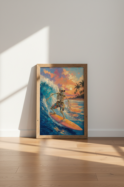 Surfing Skeleton Wall Art | Tropical Sunset Oil Painting, Beach Decor Poster