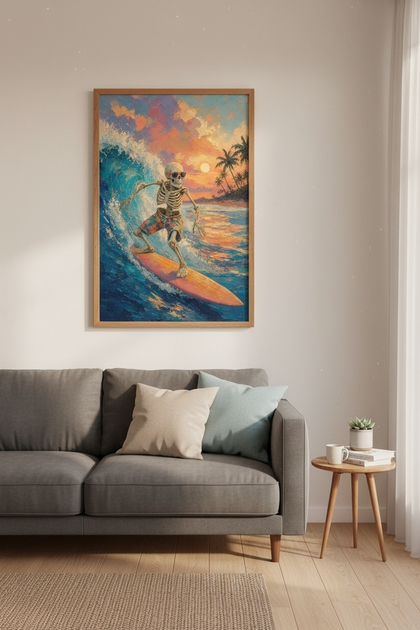 Surfing Skeleton Wall Art | Tropical Sunset Oil Painting, Beach Decor Poster