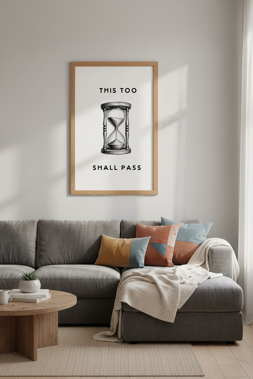 This Too Shall Pass Hourglass Wall Art | Minimalist Quote Poster | Vintage Ink Style