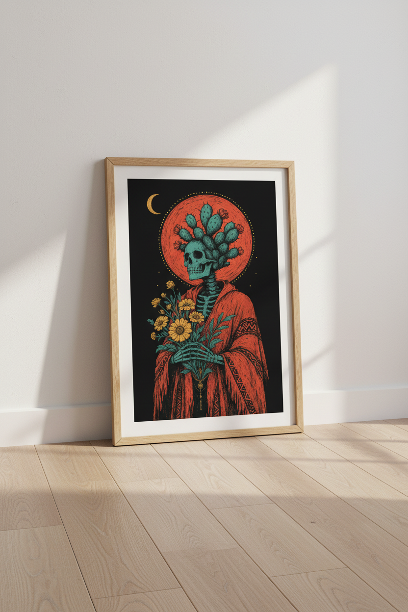 Skeleton Cactus Wall Art Print | Boho Desert Goth Decor | Macabre Poster