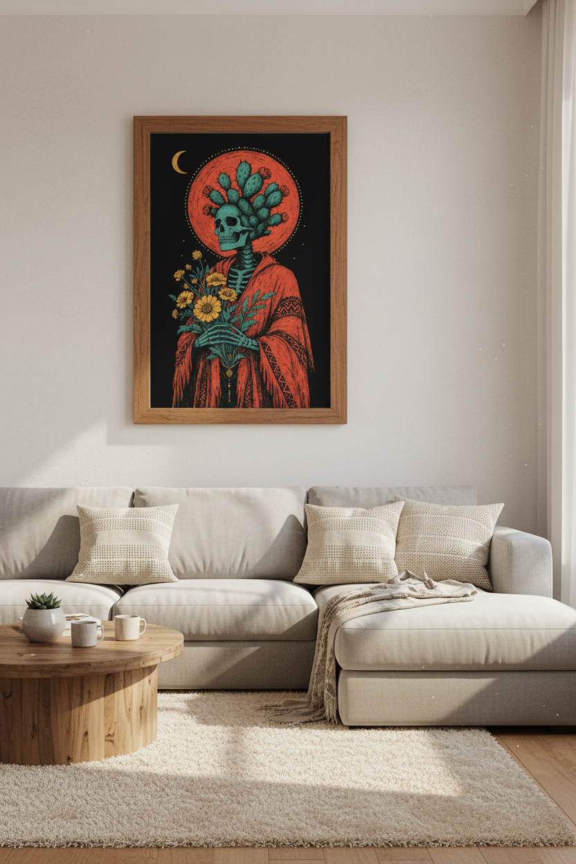 Skeleton Cactus Wall Art Print | Boho Desert Goth Decor | Macabre Poster