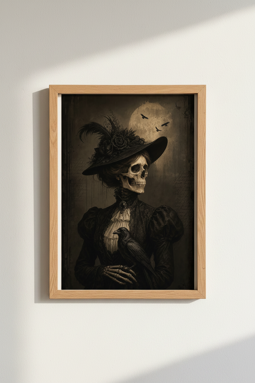 Gothic Crow Wall Art | Victorian Skeleton Lady, Dark Academia Macabre Poster