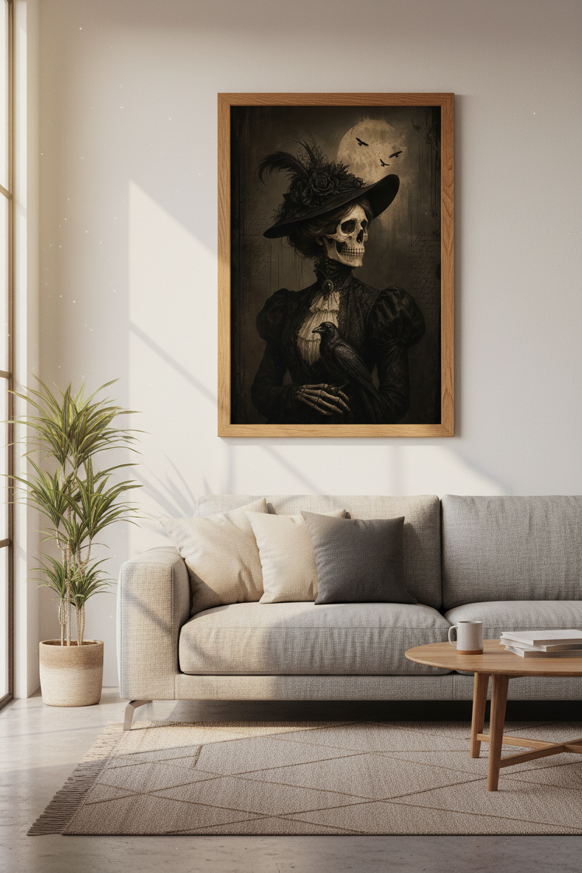 Gothic Crow Wall Art | Victorian Skeleton Lady, Dark Academia Macabre Poster