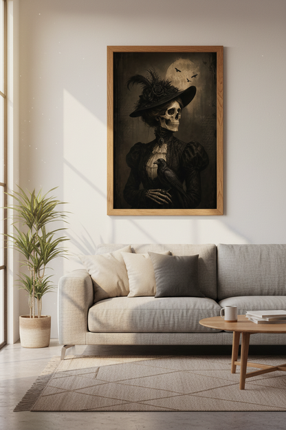 Gothic Crow Wall Art | Victorian Skeleton Lady, Dark Academia Macabre Poster