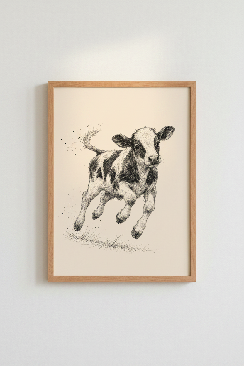 Baby Calf Sketch Wall Art Print | Farmhouse Nursery Decor | Vintage Cow Poster