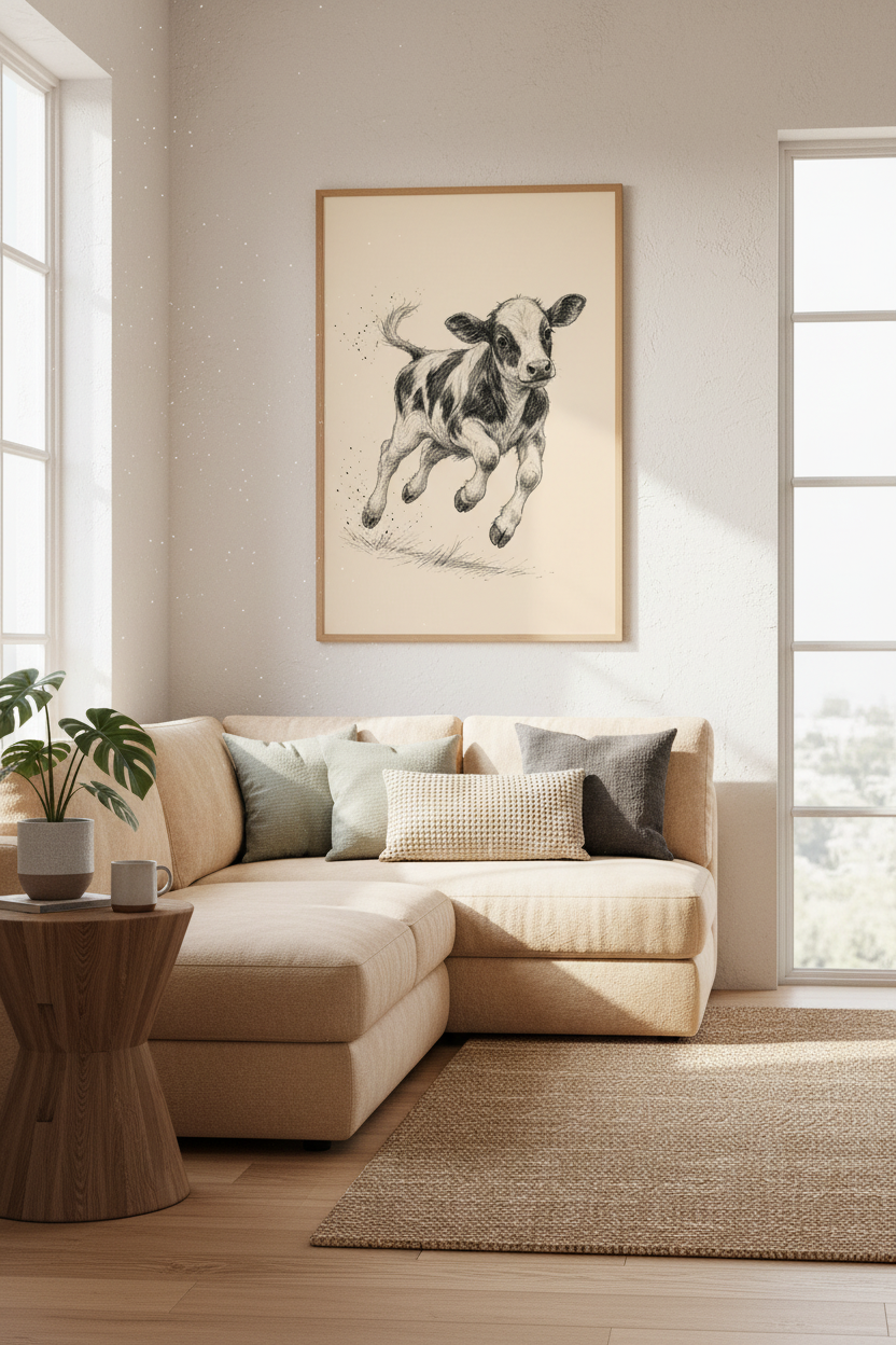 Baby Calf Sketch Wall Art Print | Farmhouse Nursery Decor | Vintage Cow Poster