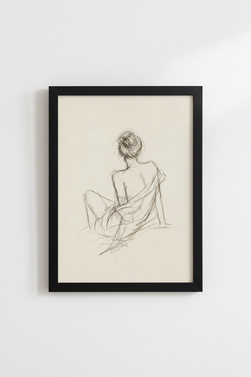 Woman Figure Sketch Wall Art | Charcoal Minimalist Drawing, Neutral Bedroom Decor