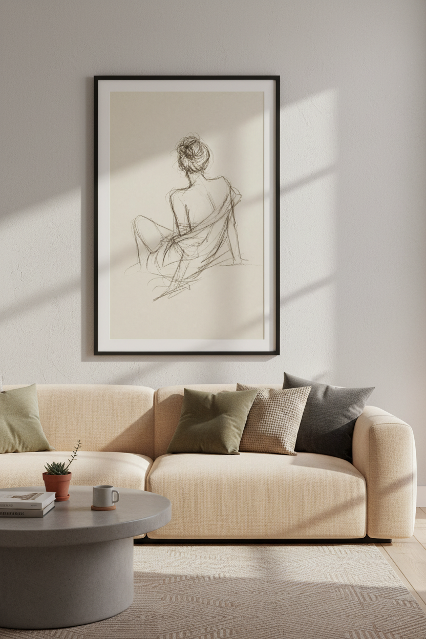 Woman Figure Sketch Wall Art | Charcoal Minimalist Drawing, Neutral Bedroom Decor