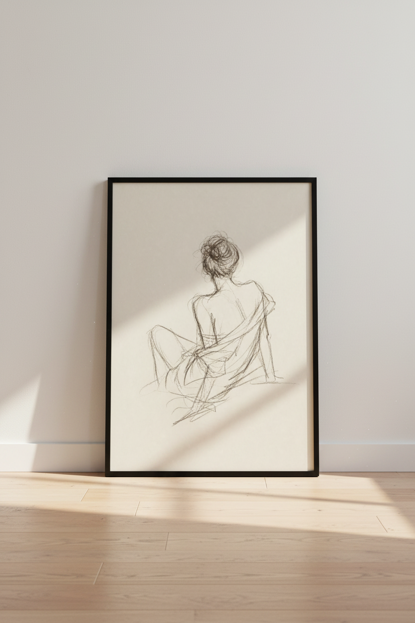 Woman Figure Sketch Wall Art | Charcoal Minimalist Drawing, Neutral Bedroom Decor