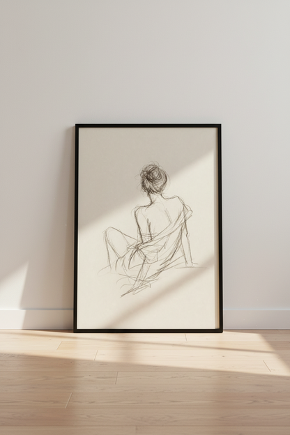 Woman Figure Sketch Wall Art | Charcoal Minimalist Drawing, Neutral Bedroom Decor