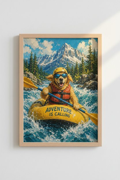 Dog Adventure Wall Art Print | Funny Golden Retriever Rafting Poster | Cabin Decor