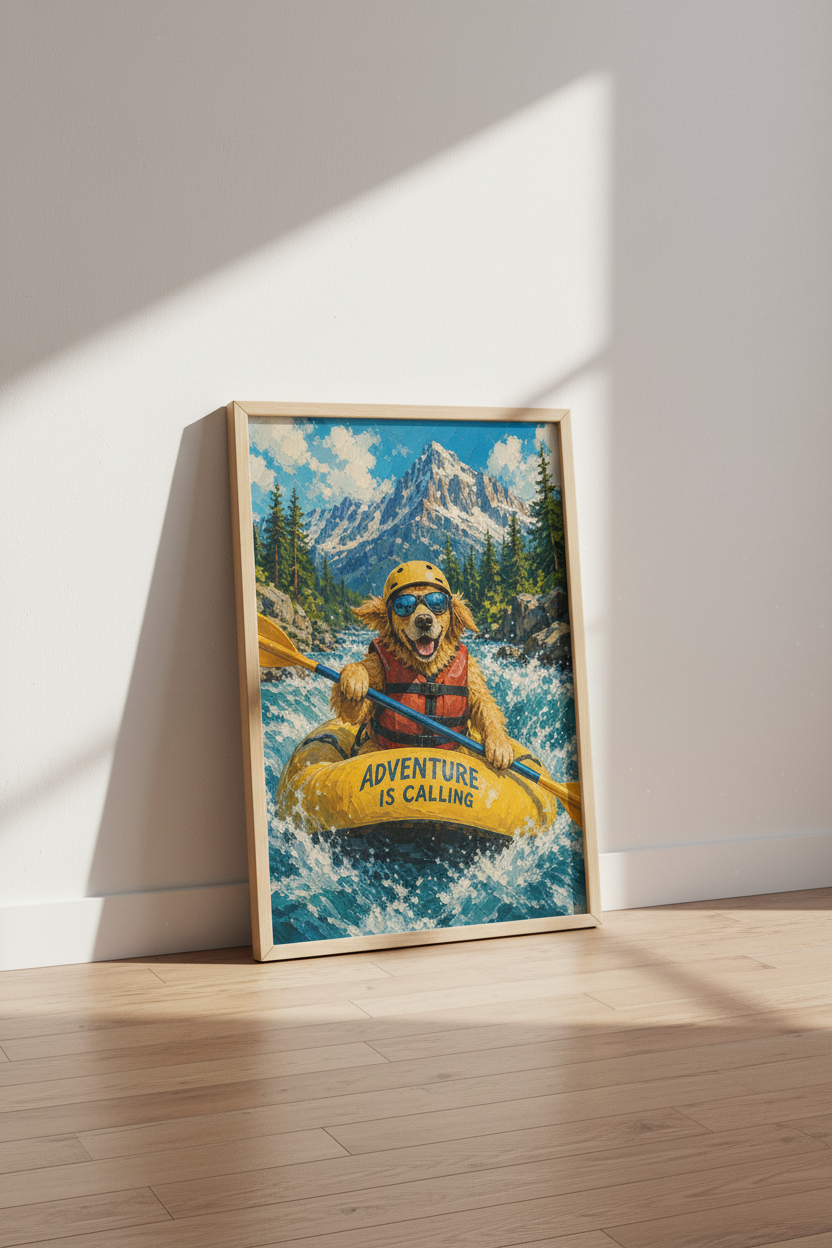 Dog Adventure Wall Art Print | Funny Golden Retriever Rafting Poster | Cabin Decor