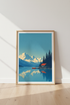 Mountain Lake Cabin Wall Art | Blue Nature Landscape | Minimalist Travel Poster