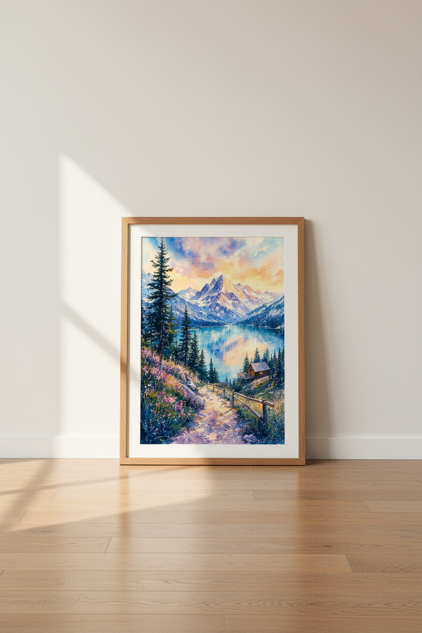 Mountain Landscape Watercolor Wall Art | Alpine Lake Print, Cabin Decor Poster