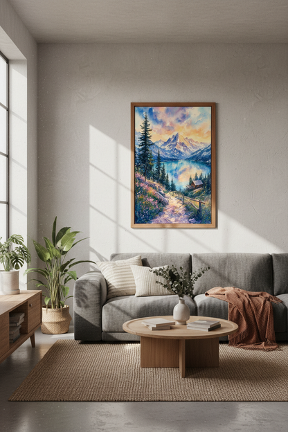 Mountain Landscape Watercolor Wall Art | Alpine Lake Print, Cabin Decor Poster