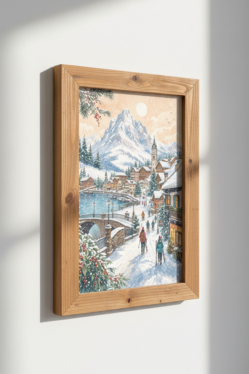 Winter Ski Village Wall Art | Watercolor Alpine Mountain Decor | Snowy Lake Poster